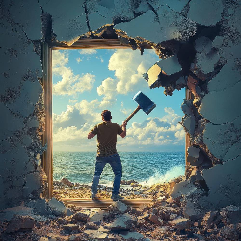 Man beating through a wall to create a window or opportunity